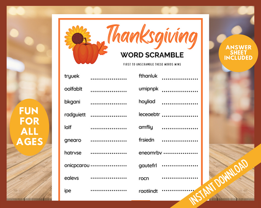 Thanksgiving word scramble