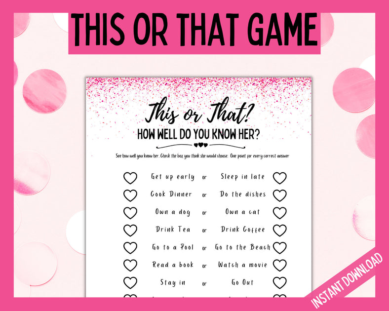 This or That Birthday Party Game - Pink | LittleHaloJ
